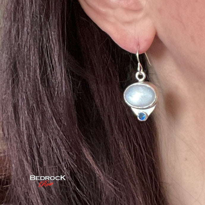 Moonstone Danglinge Earrings, Moonstone and Sapphire Gemstone Dangling Earrings, Sterling Silver Handcrafted Moonstone Earrings, Iridescent Moonstone Jewelry, Calming Stone Jewelry, Gift for Her, White Gemstone Earrings