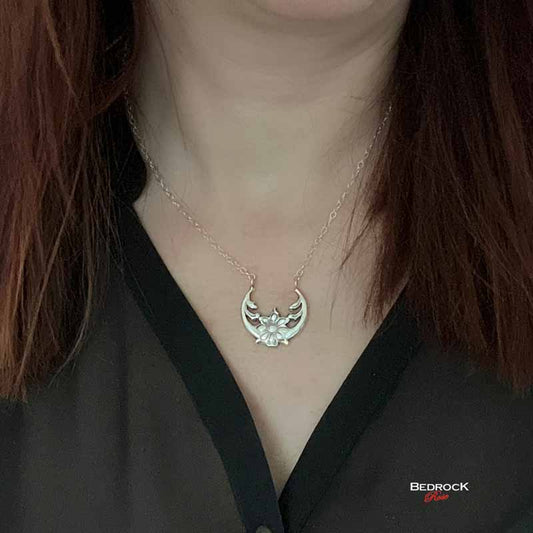 Sterling Silver Moonflower Crescent Pendant Bedrock Rose, Solar Eclipse Jewelry, Moonflower Necklace