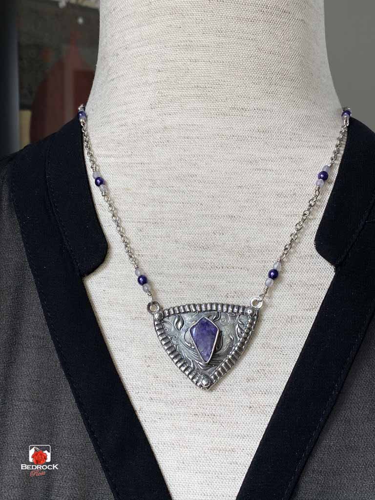 Charming Charoite with Silver Vine Pendant Bedrock Rose, Purple Gemstone, Siberian Charoite, Handcrafted Pendant, Elegant Gift
