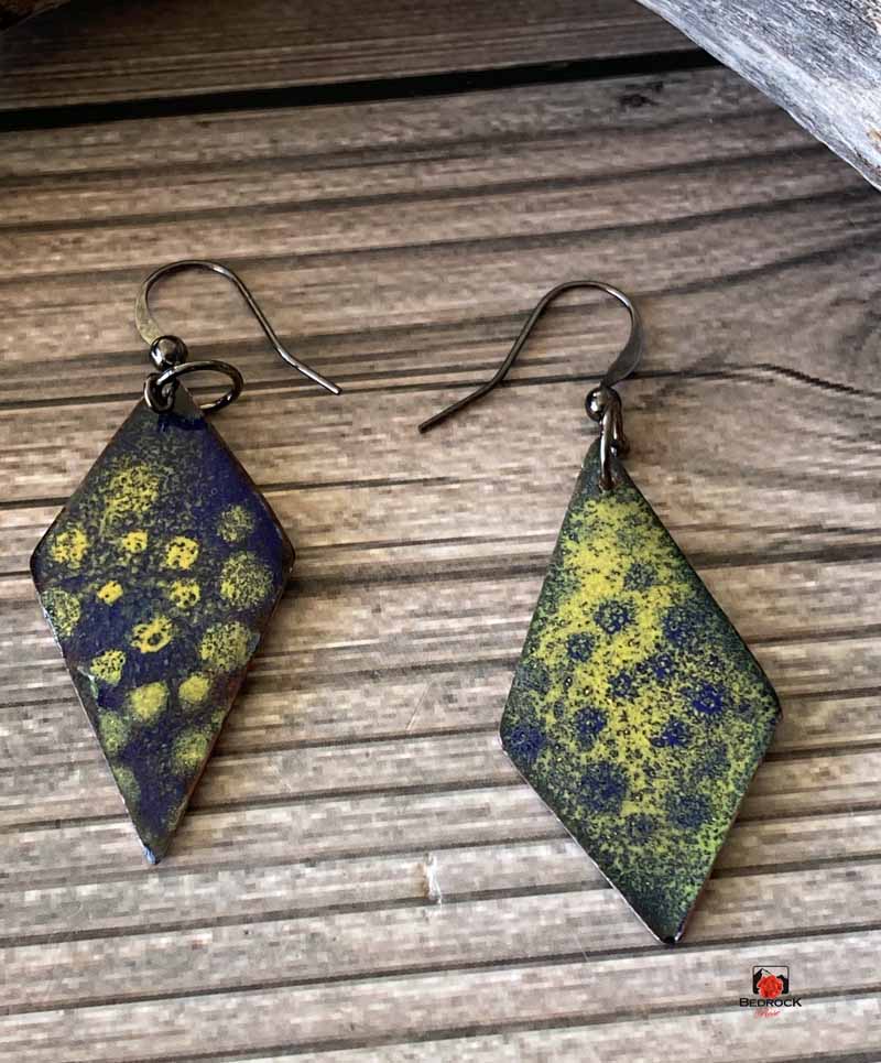 Blue and Yellow Speckled Asymmetrical Dangling Earrings, Enameled Earrings, Statement diamond-shaped earrings, Asymmetrical Jewelry, Birthday Gift