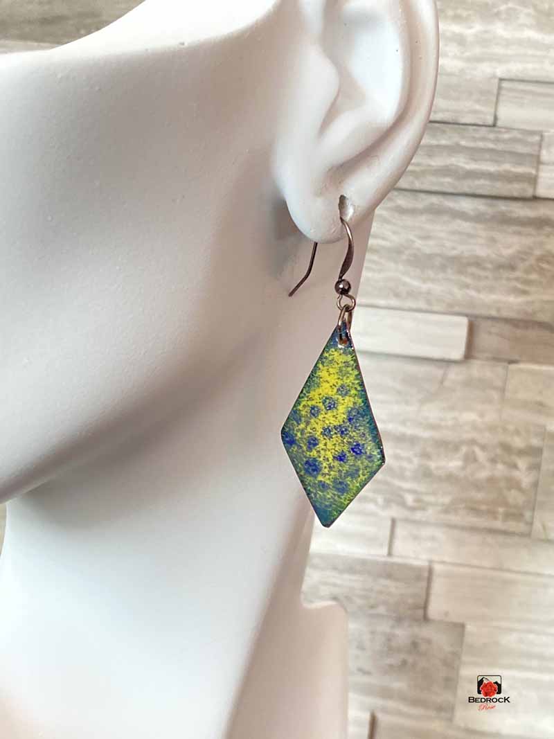 Blue and Yellow Speckled Asymmetrical Dangling Earrings, Enameled Earrings, Statement diamond-shaped earrings, Asymmetrical Jewelry, Birthday Gift