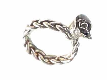 Fine Silver Rose Ring Bedrock Rose, Braided band with hand-sculpted Rosebud