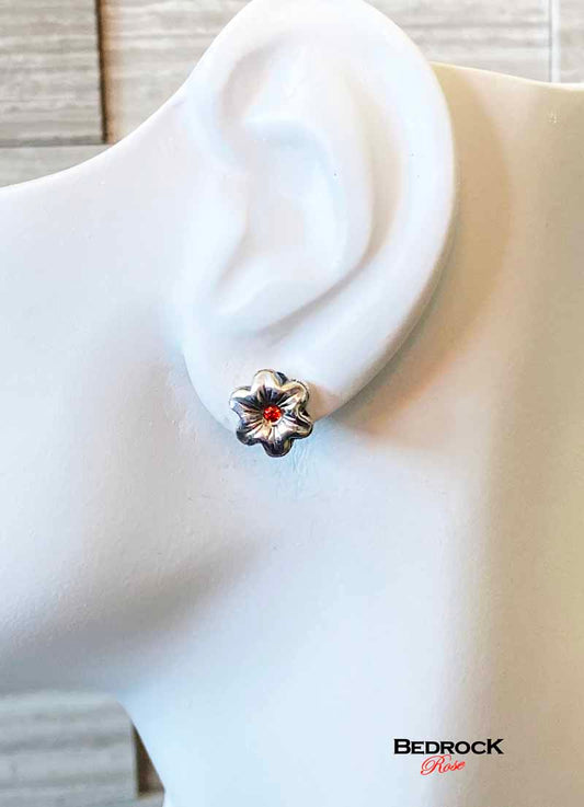 Dainty Silver Flower Post Earrings Bedrock Rose, Handmade Jewelry, Orange Gemstone