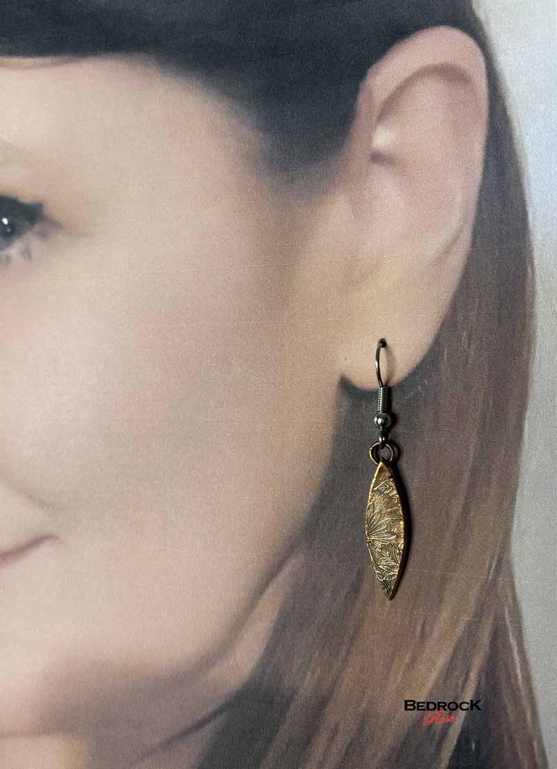 Warm Rose Bronze Floral Patterned Pointy Oval Dangling Earrings, Engraved Jewelry, Gift for Her