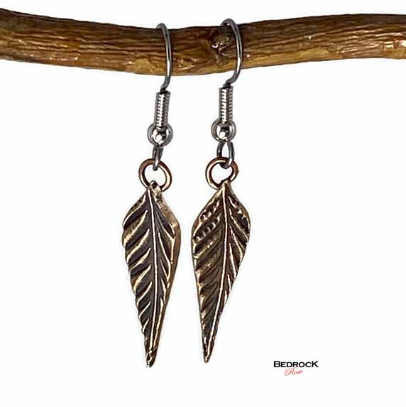 Dainty Rose Bronze Feather Dangling Earrings Bedrock Rose