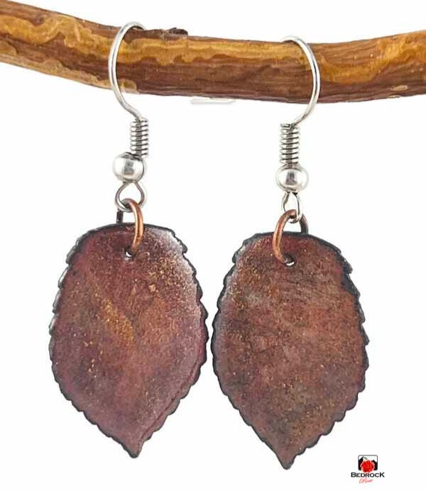 Warm Copper and Bronze Leaf Dangling Earrings Bedrock Rose, Nature-inspired jewelry, burnt umber leaf danglers
