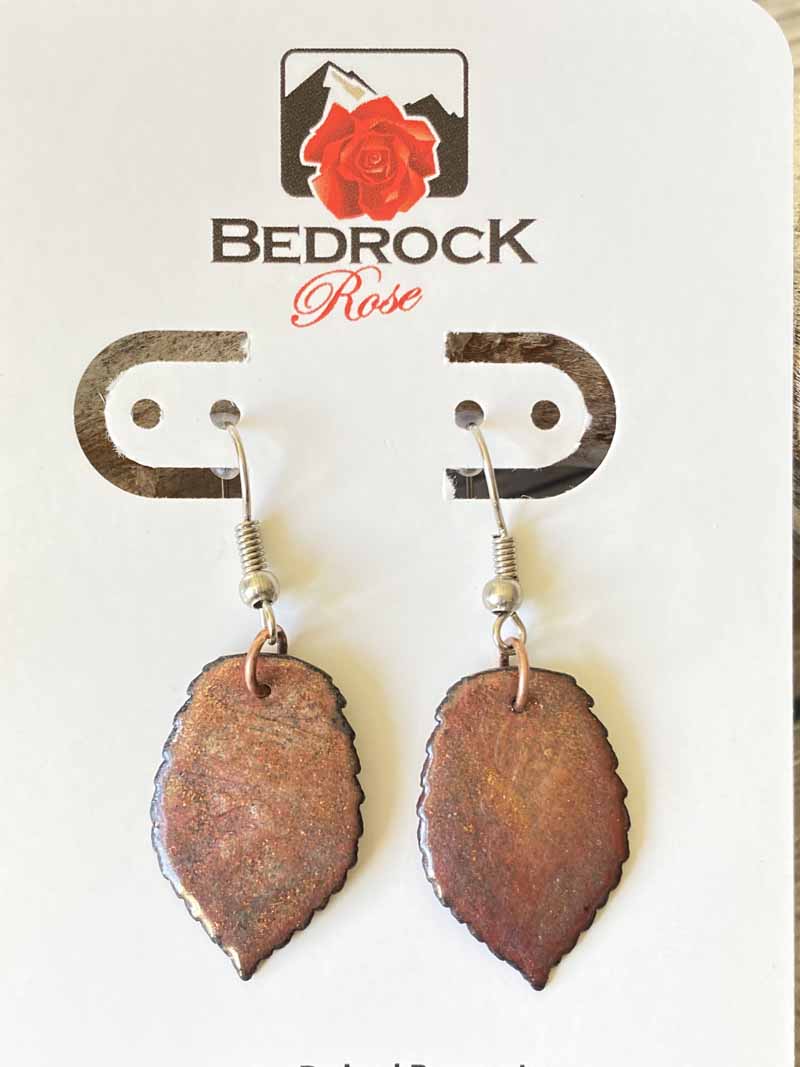 Warm Copper and Bronze Leaf Dangling Earrings Bedrock Rose, Nature-inspired jewelry, burnt umber leaf danglers