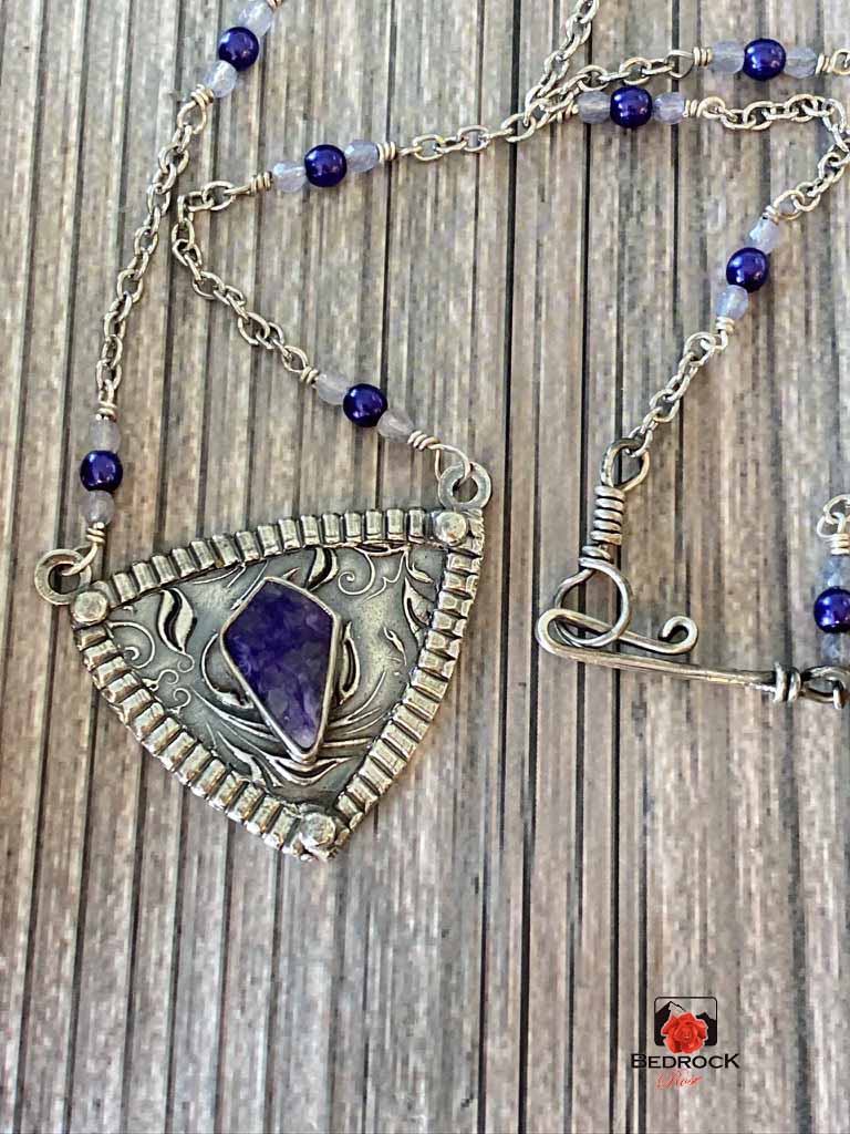 Charming Charoite with Silver Vine Pendant Bedrock Rose, Purple Gemstone, Siberian Charoite, Handcrafted Pendant, Elegant Gift