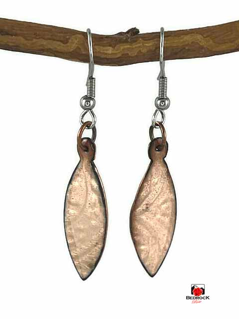 Pointy Oval Copper Dangling Earrings with Transparent Enamel, Bedrock Rose