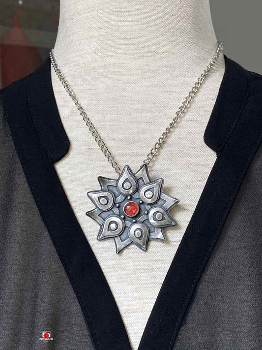 Bold Art Deco Sterling Silver Pendant Bedrock Rose, Statement Medallion, Handcrafted Silver Pendant, Gift for Her