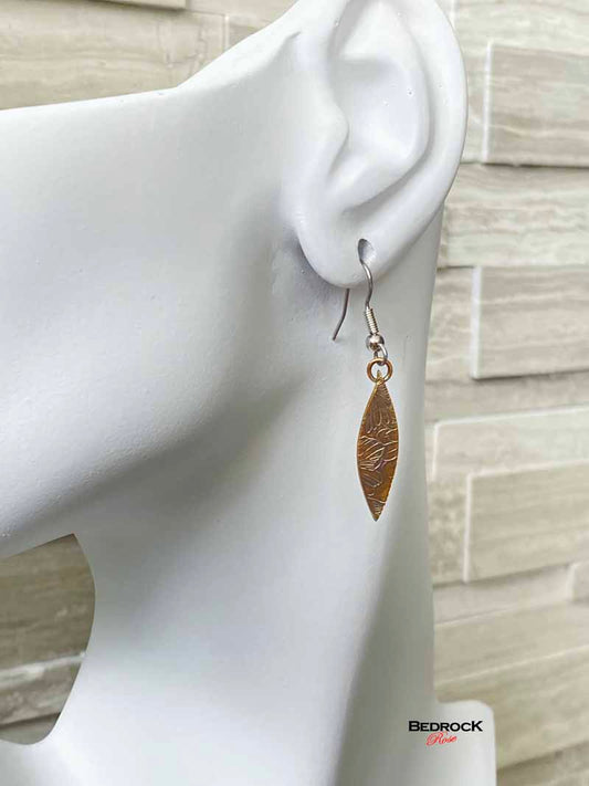 Warm Rose Bronze Floral Patterned Pointy Oval Dangling Earrings, Engraved Jewelry, Gift for Her