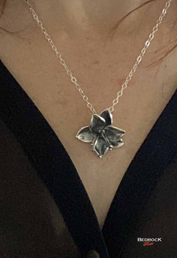 Fine Silver Dogwood Pendant Bedrock Rose, Handcrafted Flower Necklace, Sculpted Floral Jewelry, Gift for Garden Lover, Boho Chic, Statement piece