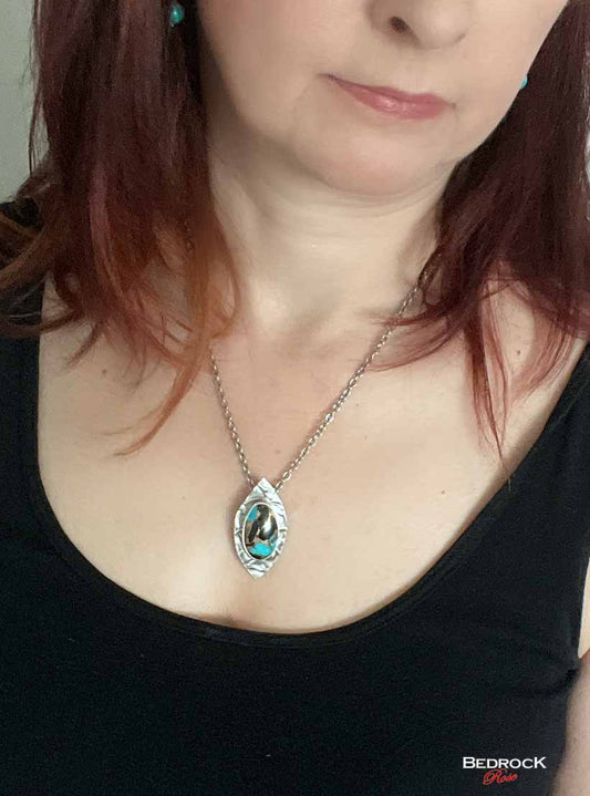 Vibrant Kingman Turquoise, Onyx, and Bronze Pendant Bedrock Rose
