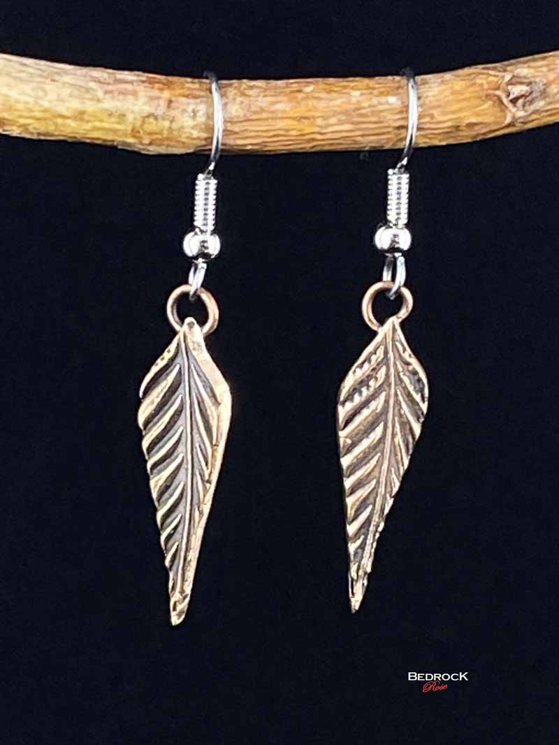 Dainty Rose Bronze Feather Dangling Earrings Bedrock Rose