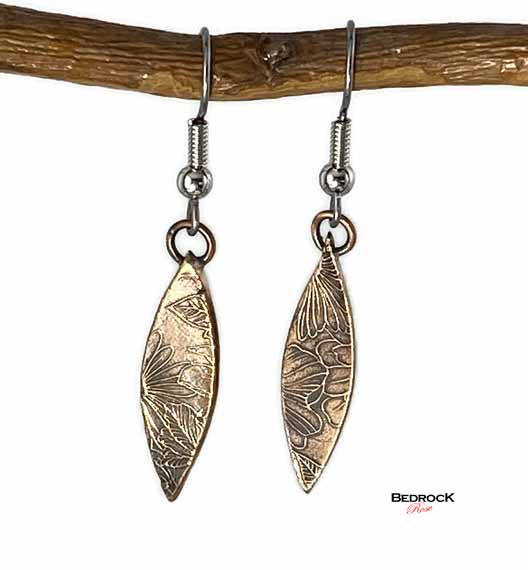 Warm Rose Bronze Floral Patterned Pointy Oval Dangling Earrings, Engraved Jewelry, Gift for Her