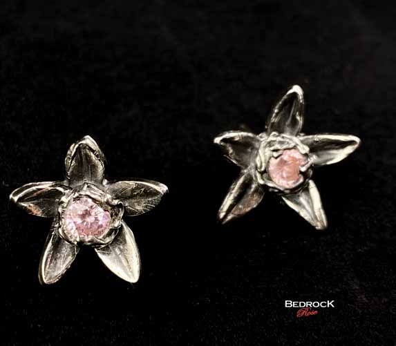 Hand-Sculpted Star Flower Earrings Bedrock Rose, Hand-sculpted silver post earrings, pink gemstone, star of Bethlehem jewelry, gift for her