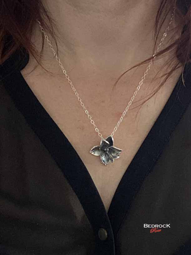 Fine Silver Dogwood Pendant Bedrock Rose, Handcrafted Flower Necklace, Sculpted Floral Jewelry, Gift for Garden Lover, Boho Chic, Statement piece
