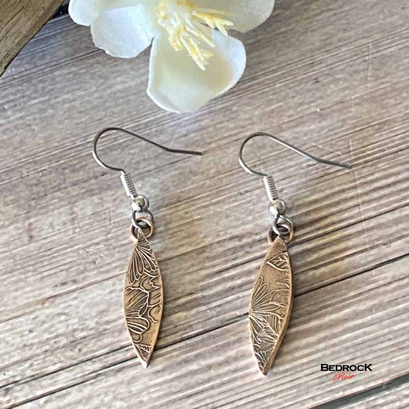 Warm Rose Bronze Floral Patterned Pointy Oval Dangling Earrings, Engraved Jewelry, Gift for Her