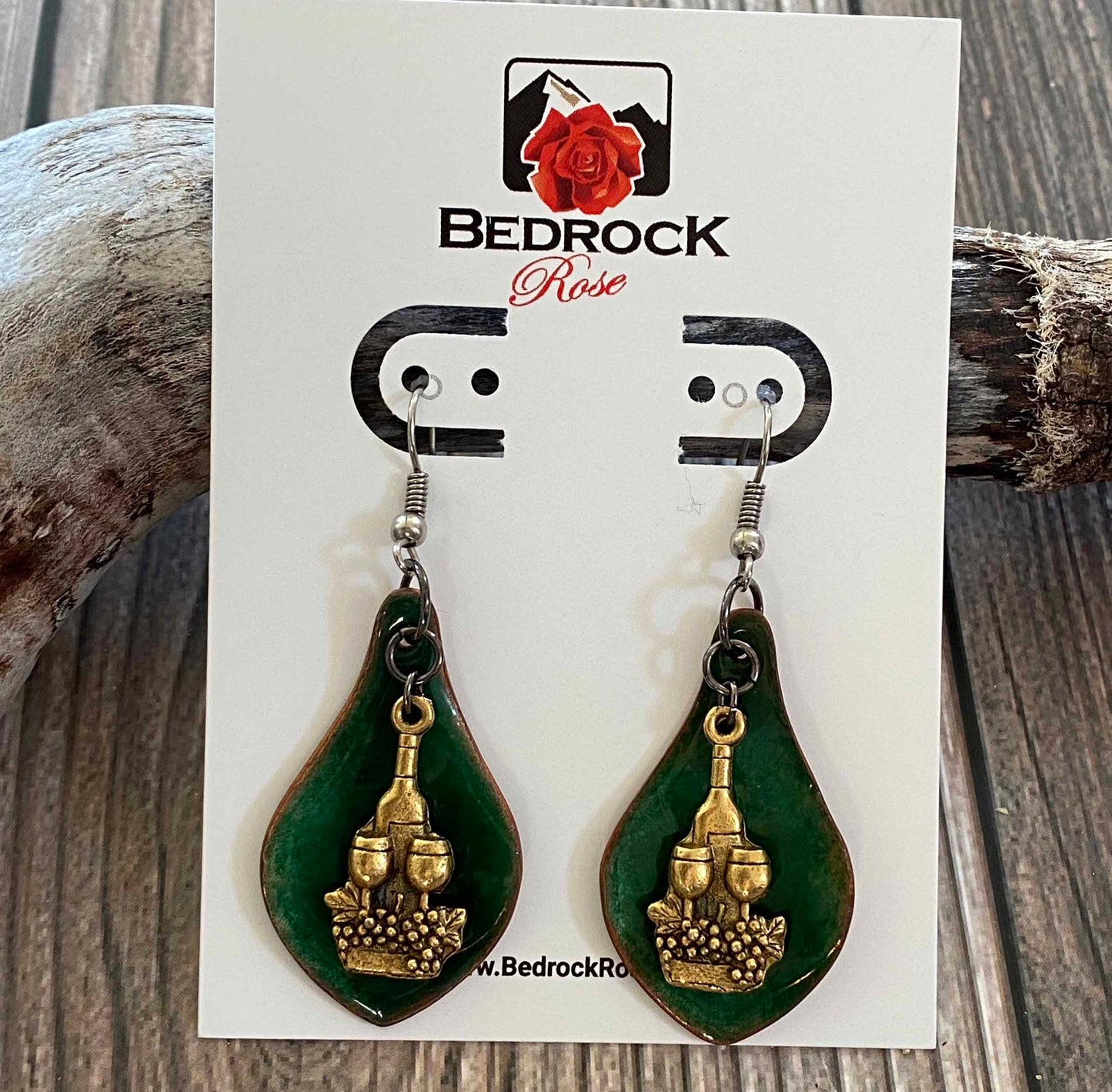 Charming Green Enameled Wine Earrings Bedrock Rose, Handmade Jewelry