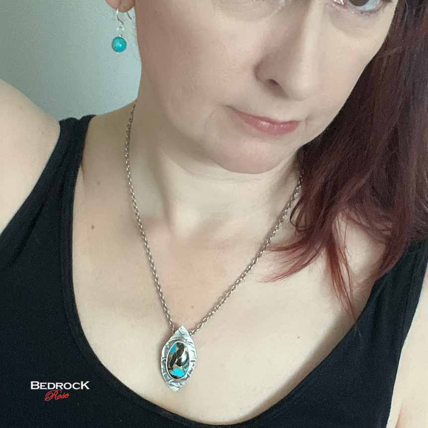Vibrant Kingman Turquoise, Onyx, and Bronze Pendant Bedrock Rose