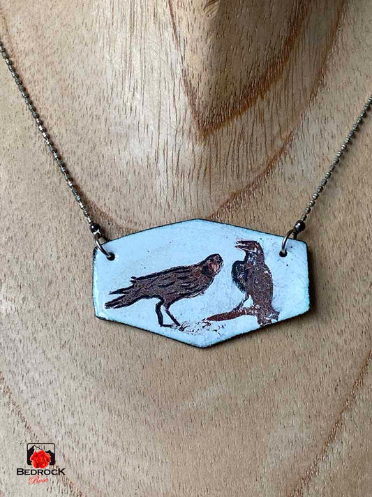 Bothell Crows Pendant Bedrock Rose, Enameled Murder of Crows Necklace, Handcrafted 