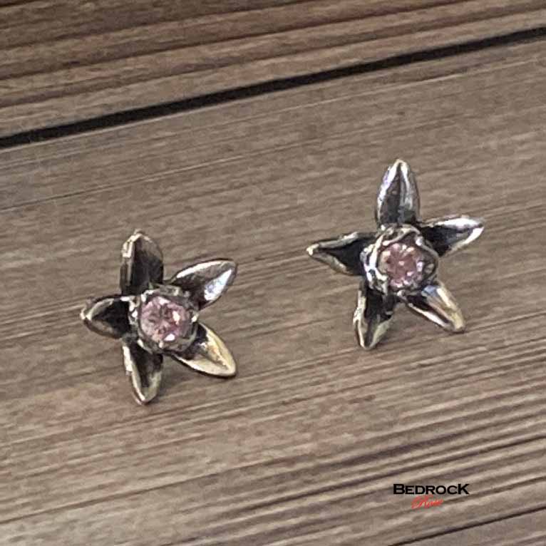 Hand-Sculpted Star Flower Earrings Bedrock Rose, Hand-sculpted silver post earrings, pink gemstone, star of Bethlehem jewelry, gift for her