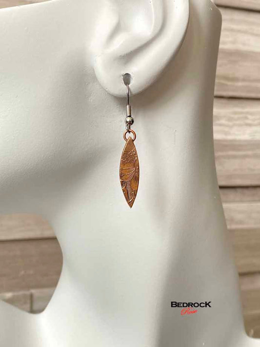 Petite Warm Rose Bronze Floral Earrings, Pointed oval flower dangling earrings