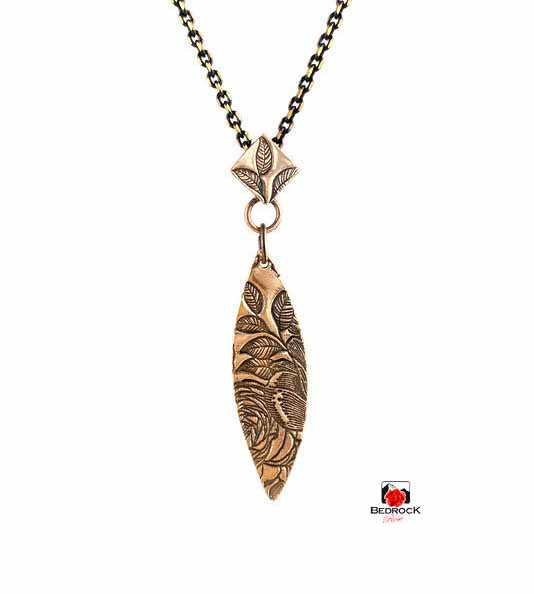 Warm Rose Bronze Rose Patterned Pointy Oval Necklace and Dangling Earrings, Glamorous Engraved Jewelry