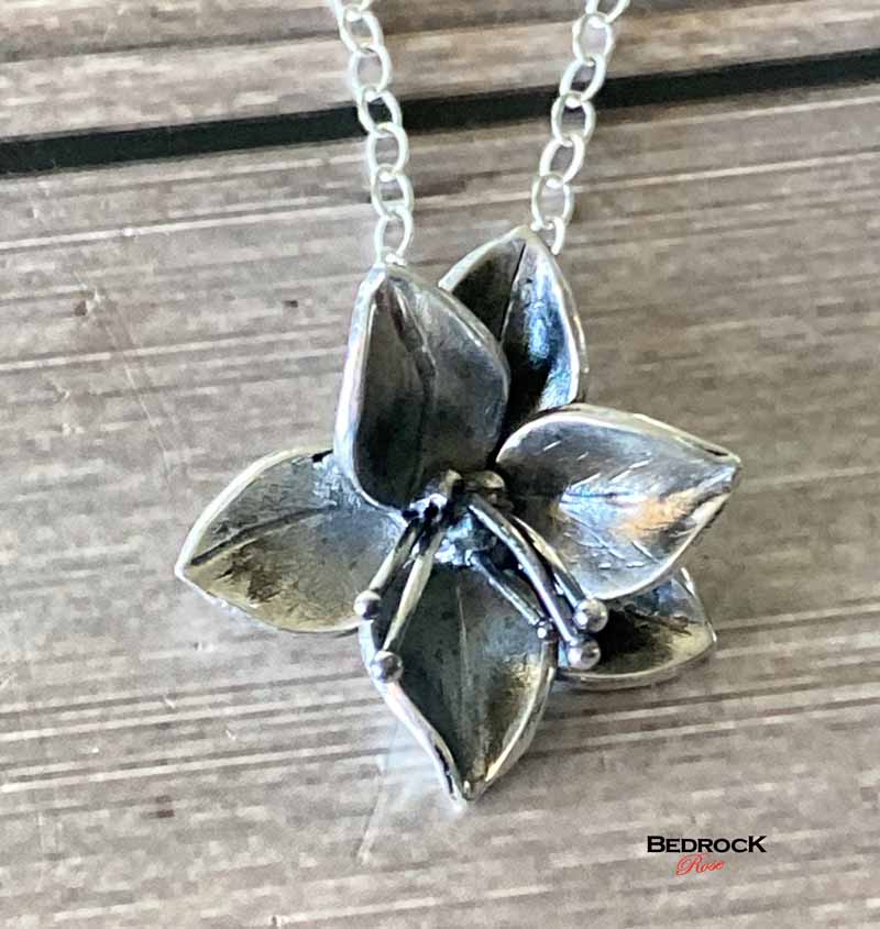 Fine Silver Dogwood Pendant Bedrock Rose, Handcrafted Flower Necklace, Sculpted Floral Jewelry, Gift for Garden Lover, Boho Chic, Statement piece