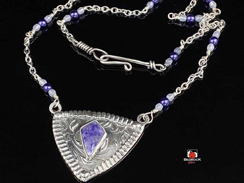Charming Charoite with Silver Vine Pendant Bedrock Rose, Purple Gemstone, Siberian Charoite, Handcrafted Pendant, Elegant Gift