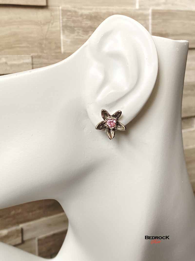 Hand-Sculpted Star Flower Earrings Bedrock Rose, Hand-sculpted silver post earrings, pink gemstone, star of Bethlehem jewelry, gift for her