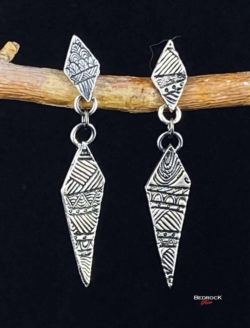 Silver Intricate Geo-Quilt Drop Earrings Bedrock Rose, Handcrafted Post Earrings