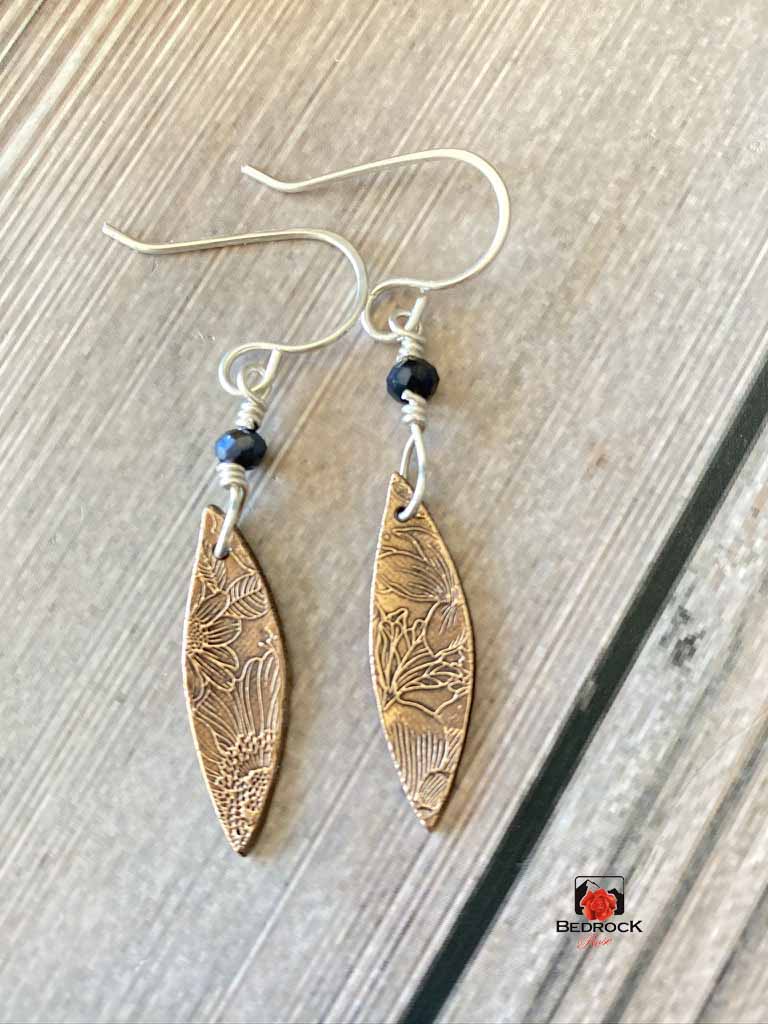 Warm Rose Bronze Floral Pointy Oval Dangling Earrings, Engraved Jewelry, Elegant Danglers
