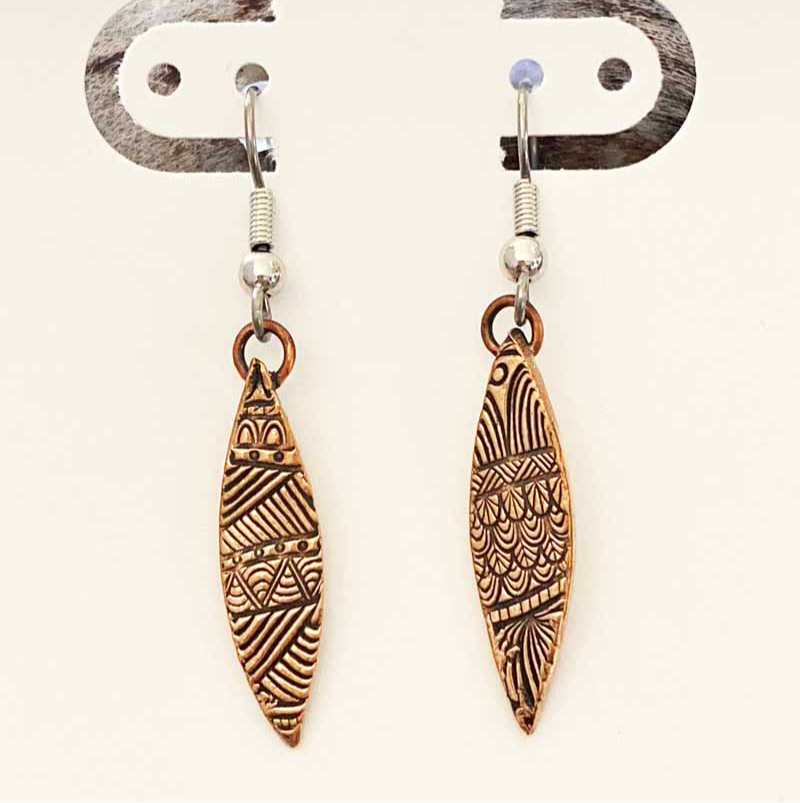 Rose Bronze Geo-Quilt Elongated Pointy Oval Dangling Earrings, Intricate Handcrafted Jewelry
