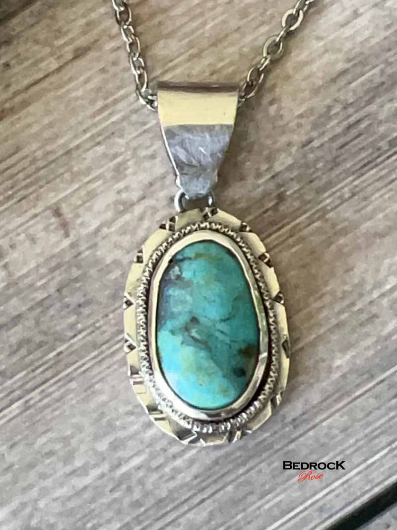 Oval Kingman Turquoise Sterling Silver Pendant Bedrock Rose