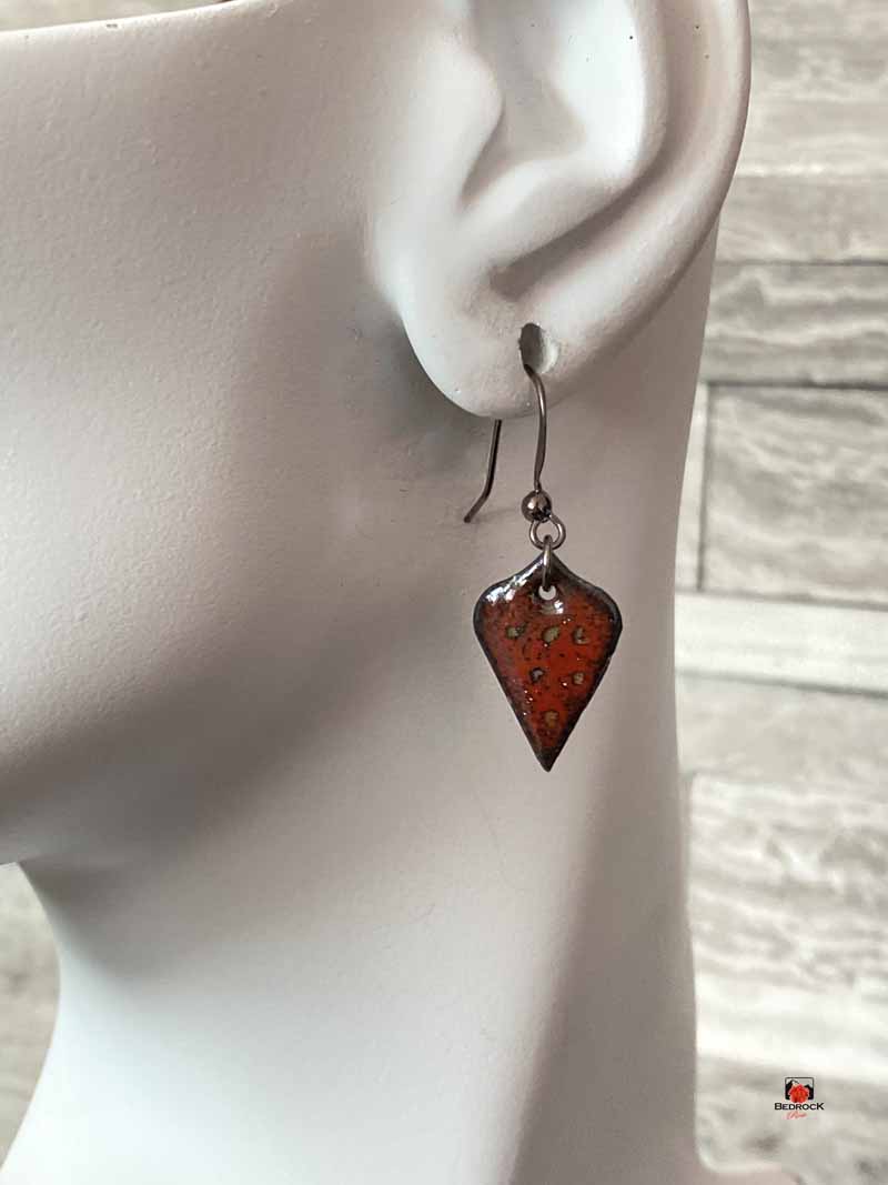 Crackle Red Arabesque Copper Enameled Earrings Bedrock Rose,Red Dangling earrings, Modern style jewelry