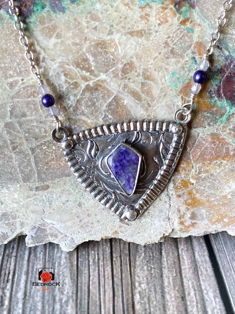Charming Charoite with Silver Vine Pendant Bedrock Rose, Purple Gemstone, Siberian Charoite, Handcrafted Pendant, Elegant Gift