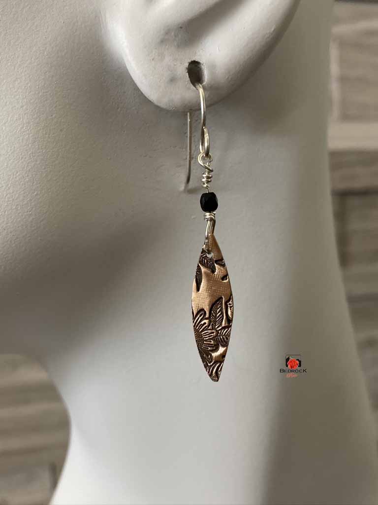Warm Rose Bronze Rose Patterned Pointy Oval Necklace and Dangling Earrings, Glamorous Engraved Jewelry