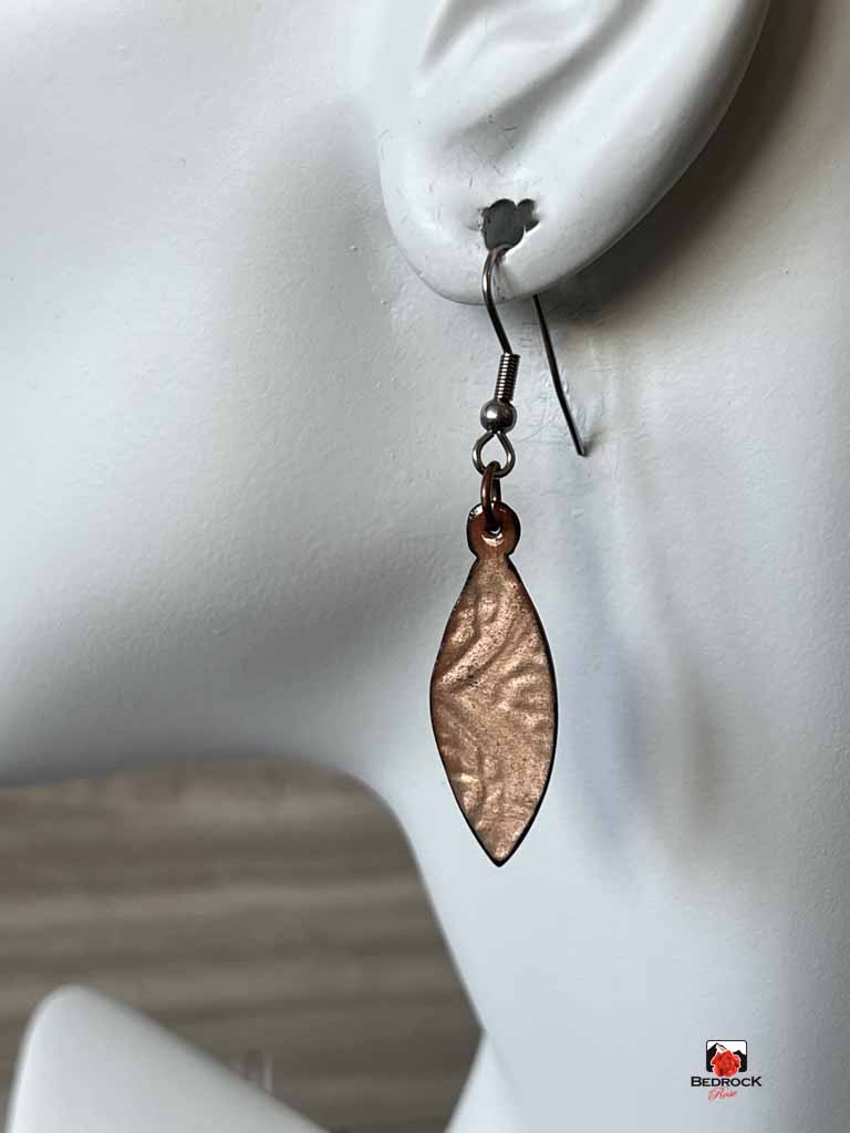 Pointy Oval Copper Dangling Earrings with Transparent Enamel, Bedrock Rose