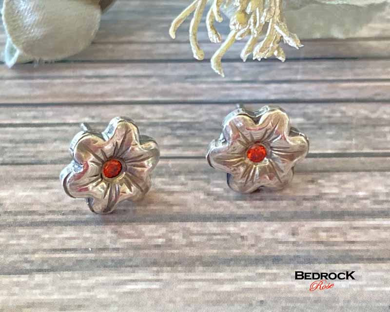 Dainty Silver Flower Post Earrings Bedrock Rose, Handmade Jewelry, Orange Gemstone