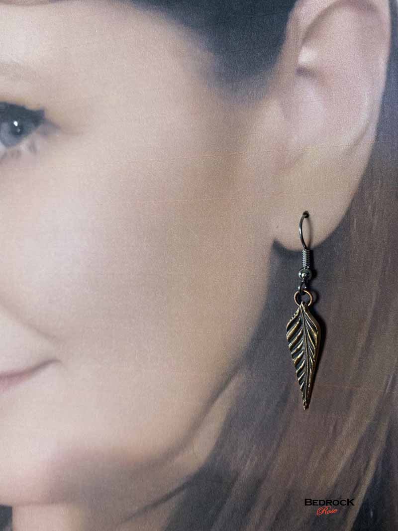 Dainty Rose Bronze Feather Dangling Earrings Bedrock Rose