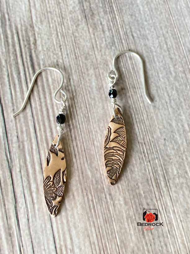 Warm Rose Bronze Rose Patterned Pointy Oval Necklace and Dangling Earrings, Glamorous Engraved Jewelry