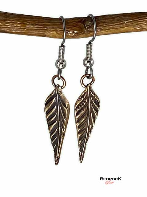 Dainty Rose Bronze Feather Dangling Earrings Bedrock Rose