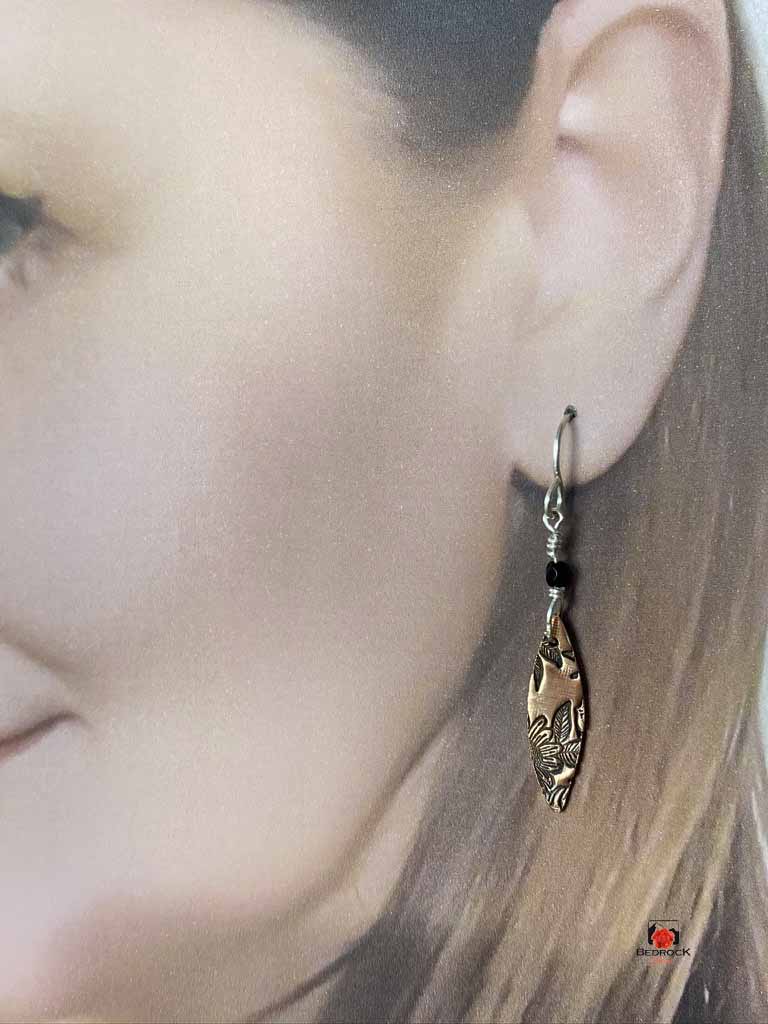 Warm Rose Bronze Rose Patterned Pointy Oval Necklace and Dangling Earrings, Glamorous Engraved Jewelry