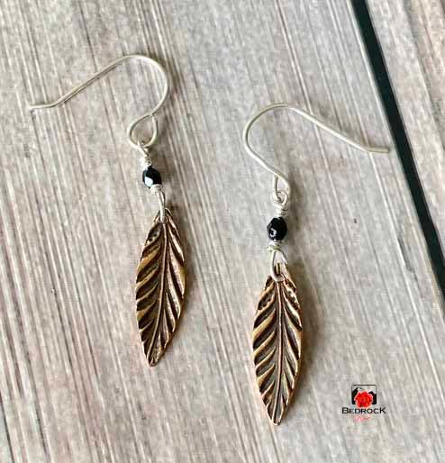 Warm Rose Bronze Feather Pattern Dangling Earrings, Handcrafted Jewelry, Gift for Her