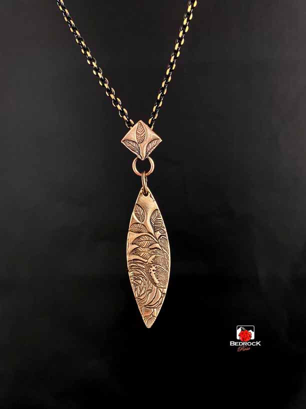 Warm Rose Bronze Rose Patterned Pointy Oval Necklace and Dangling Earrings, Glamorous Engraved Jewelry