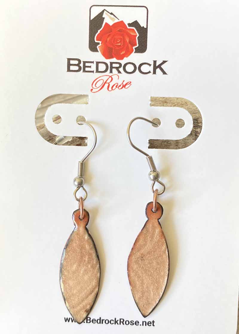 Pointy Oval Copper Dangling Earrings with Transparent Enamel, Bedrock Rose