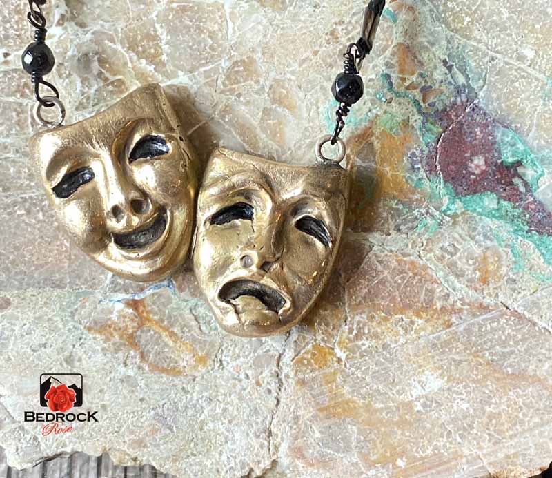 Bronze Tragedy and Comedy Masks Pendant Bedrock Rose