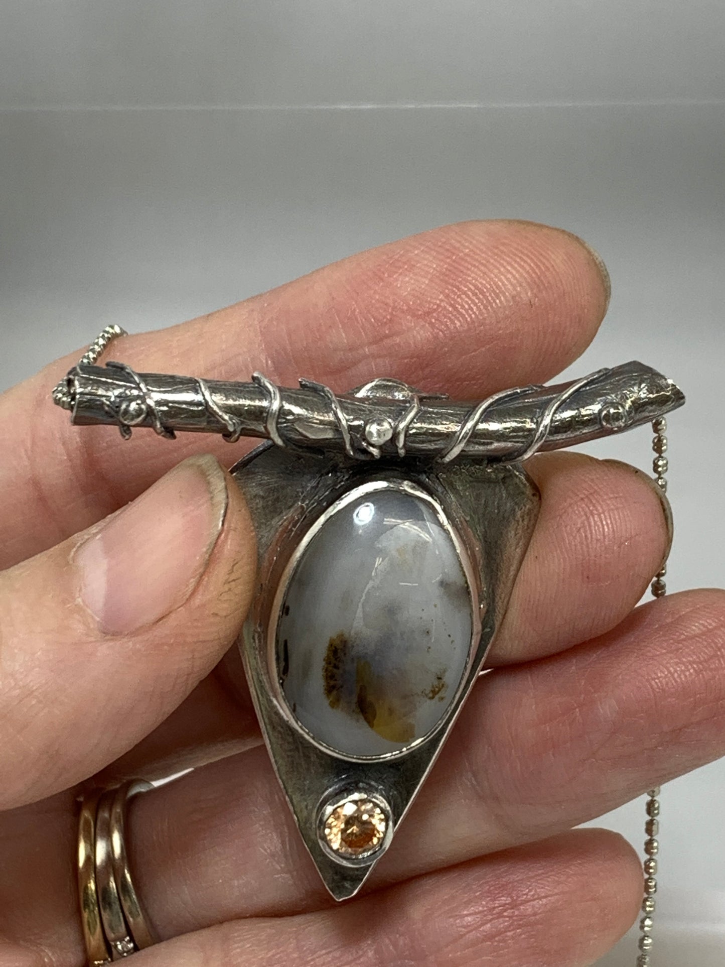 Charming Silver Hand-Fabricated Montana Agate Pendant Bedrock Rose