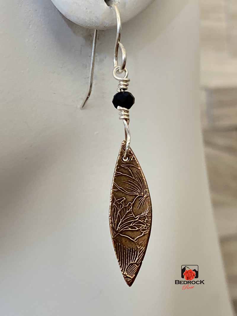 Warm Rose Bronze Floral Pointy Oval Dangling Earrings, Engraved Jewelry, Elegant Danglers
